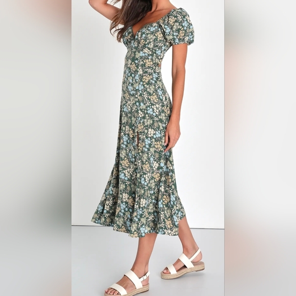 Lulus Meadow Muse XXL Green Floral Tie-Back Puff Sleeve Midi Dress, Size XXL - Picture 5 of 12